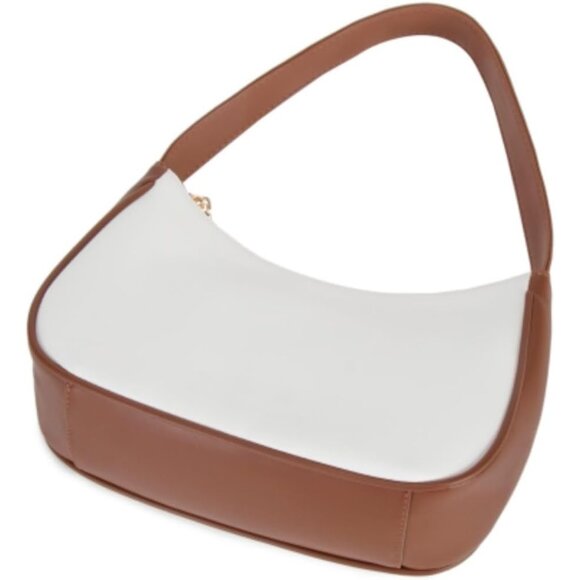 Women White Brown B Imported Polyester Leather Zipper Closure Mini Tote Handbag - Picture 4 of 5